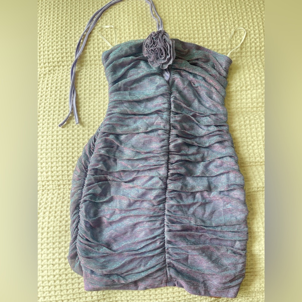 Floral Flower Ruched Tie Backless Halter Bodycon Dress Small Shimmer Glitter